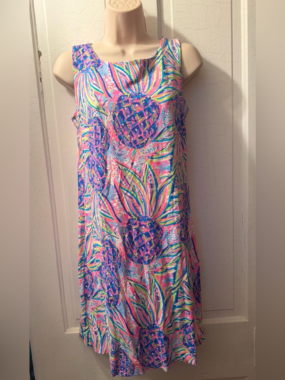 Bright blue pink pineapple resort beach dress S